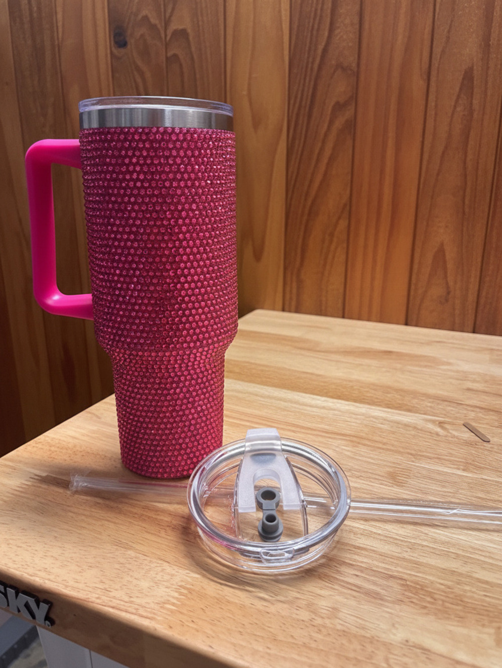 Pink Rhinestone Embellished Insulated Travel Tumbler with Handle and Straw nib